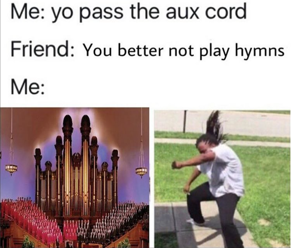 Pass the aux cord for hymns meme