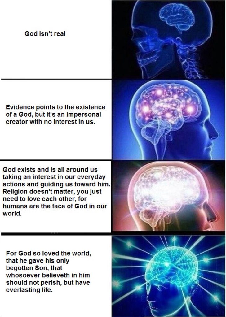 God is real expanding brain meme