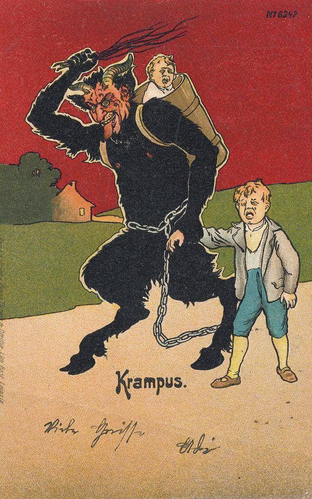 Krampus with kid chained up