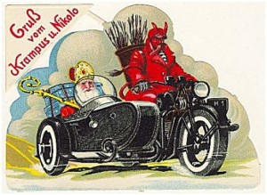 Krampus with St. Nicholas in car