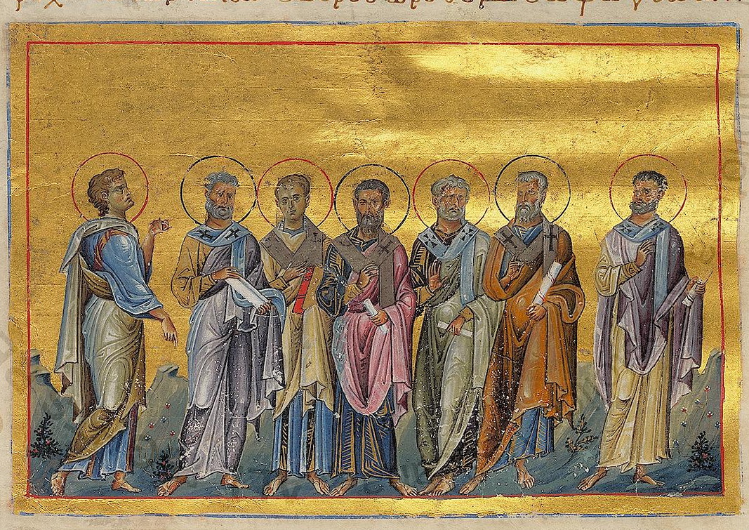 First generation church leaders Sosthenes, Apollo, Cephas, Tychicus, Epaphroditus, Cæsar and Onesiphorus of 70 disciples by Menologion of Basil II