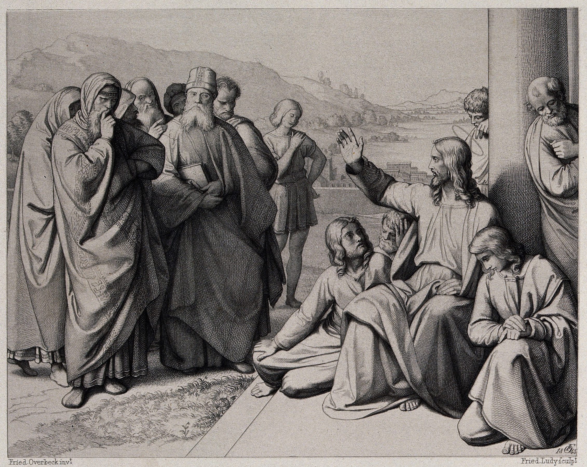 V0034553 Christ curses the Pharisees. Etching by F.A. Ludy after J.F.